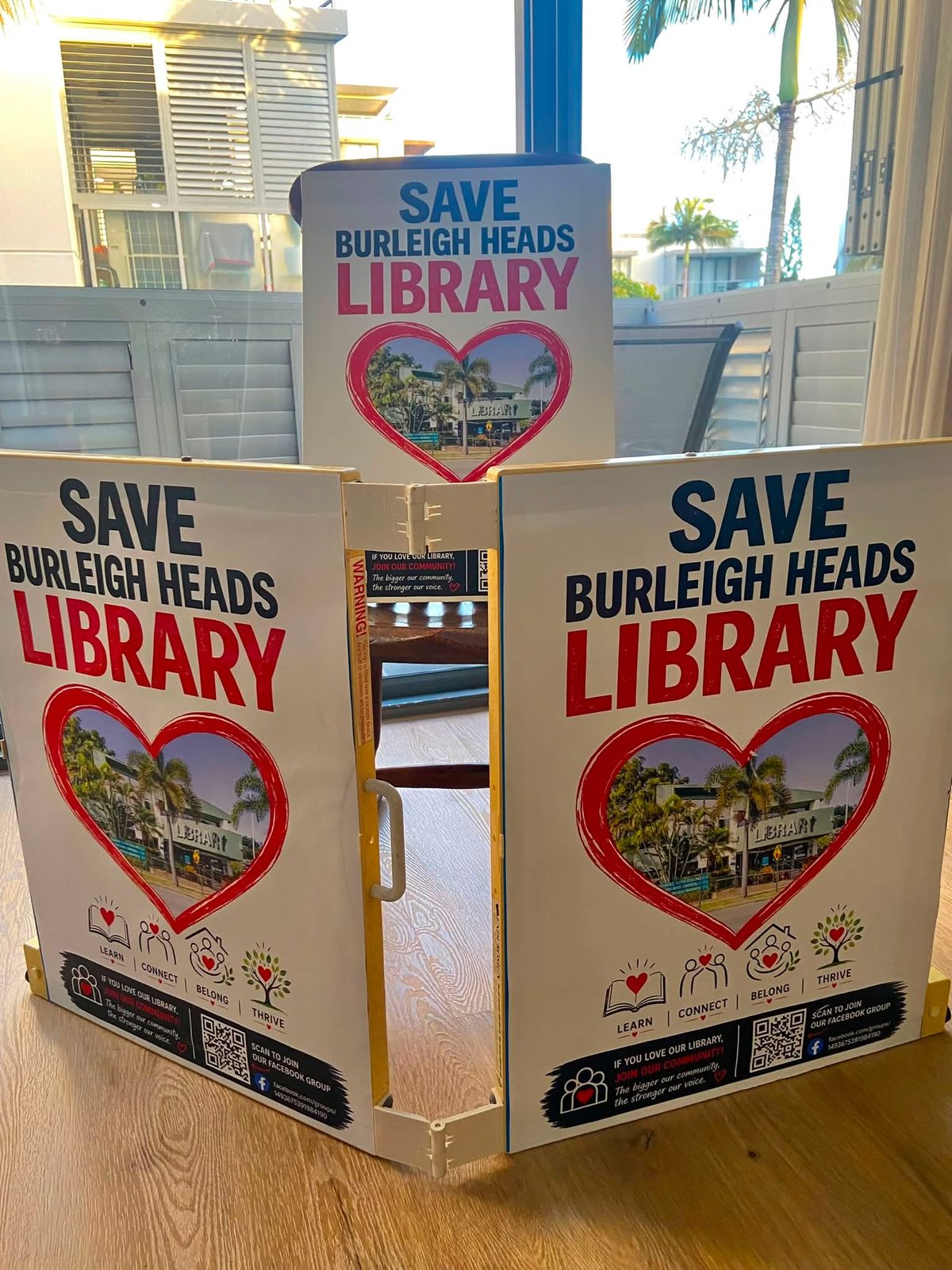 Save Burleigh Heads Library A-frame signs outside the library