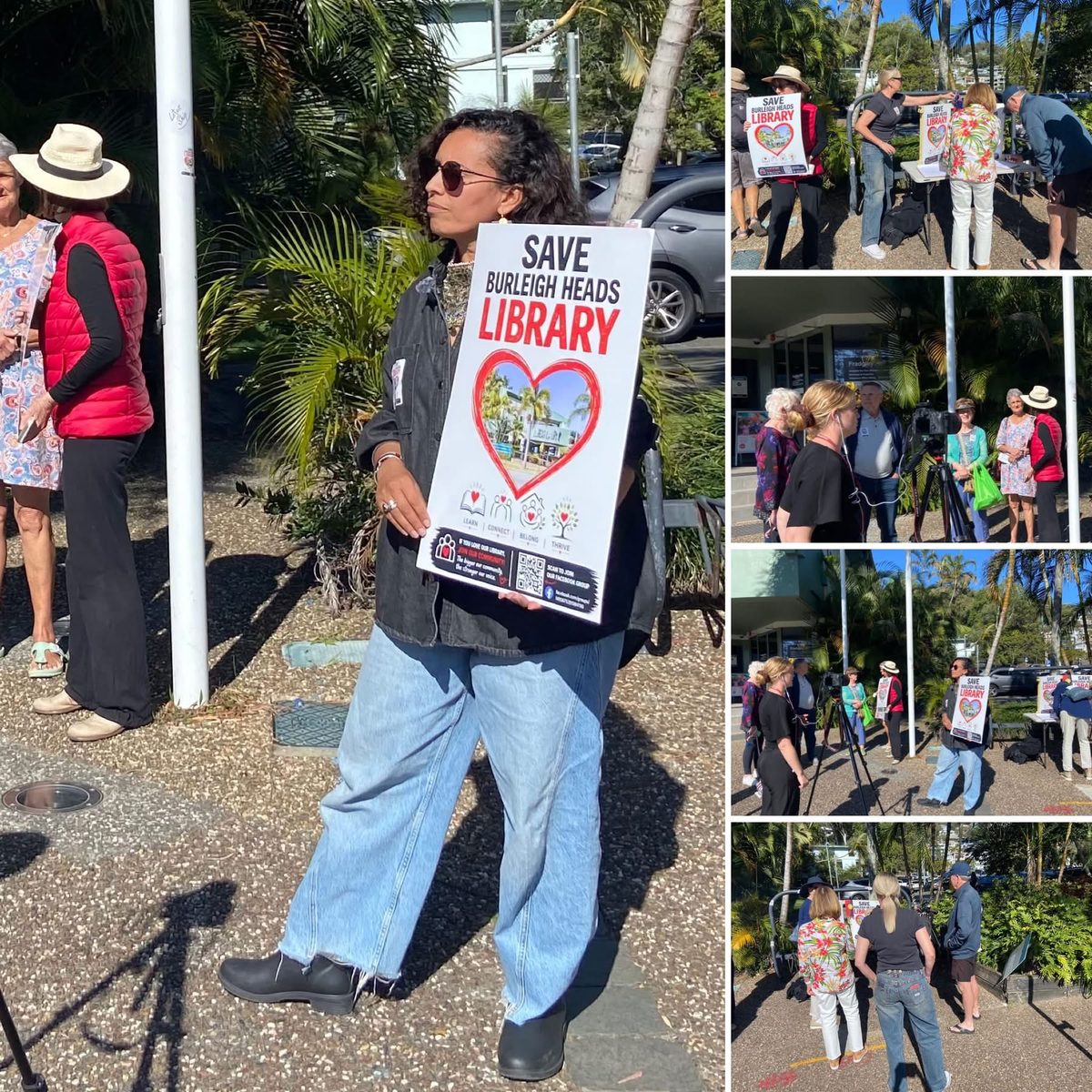 Campaign volunteer holding a Save Burleigh Heads Library sign