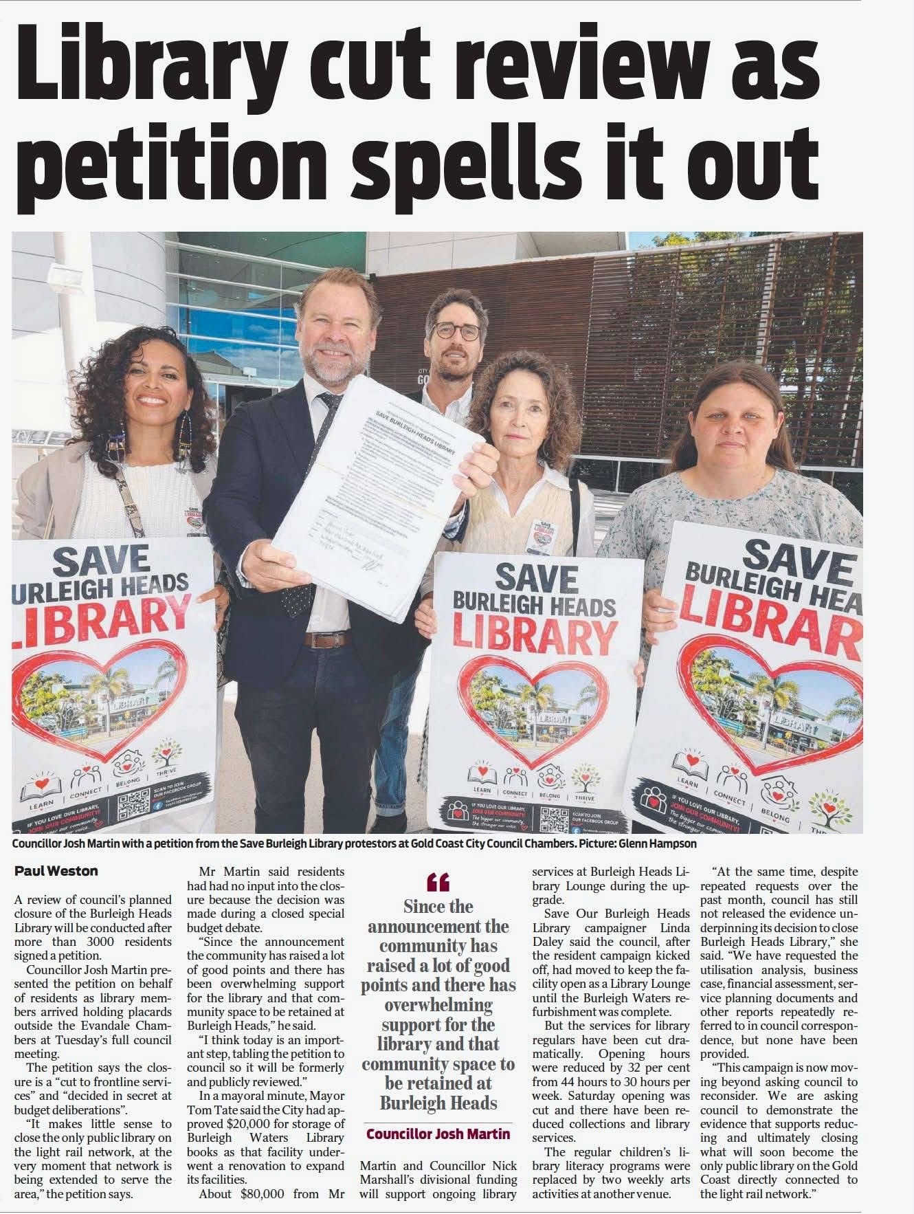 Gold Coast Bulletin clipping: 'Library cut review as petition spells it out', by Paul Weston, 28 July 2026